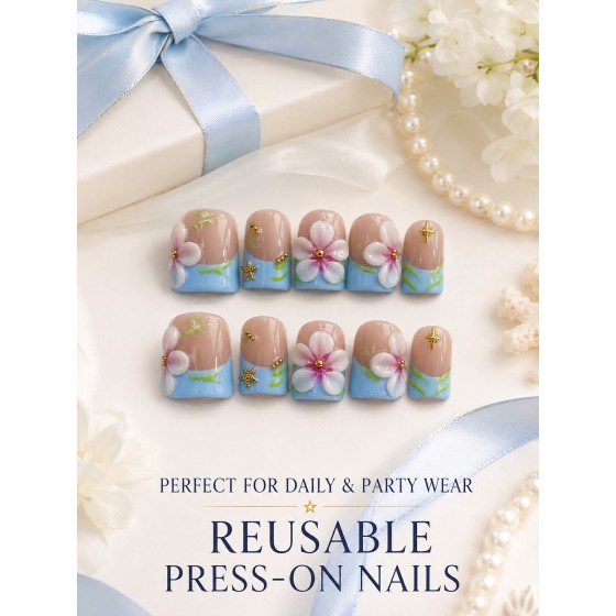 Fresh Blue French 3D‑Floral Press‑On Nails, Short Square Hand‑Painted Green Leaf False Nails with Metal Starfish & Gold Beads